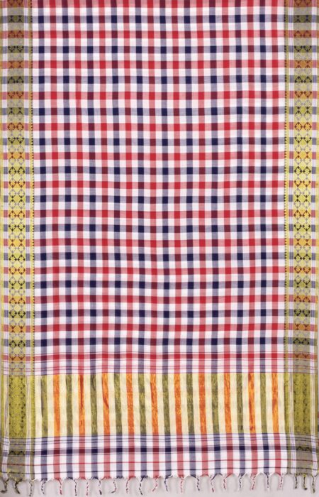 Handwoven Dhaniakhali  Checkered Cotton Saree with Tassel - Image 3