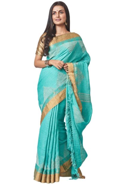 Handwoven Linen Nettle Jaquard Saree - Turquoise Blue