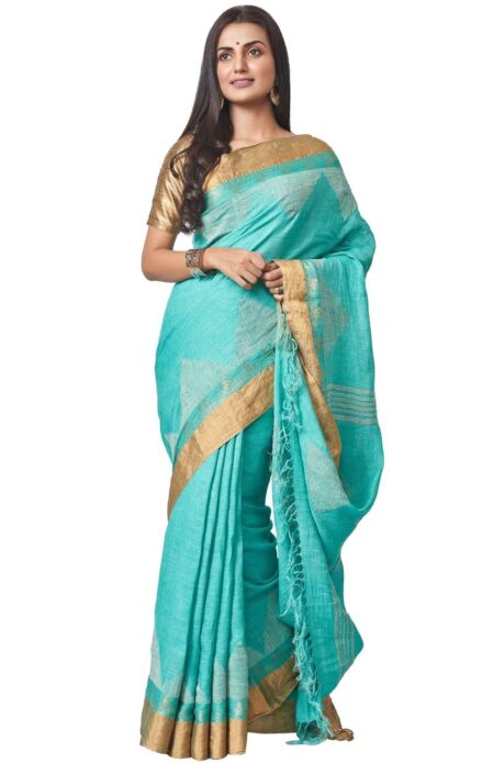 Handwoven Linen Nettle Jaquard Saree - Turquoise Blue