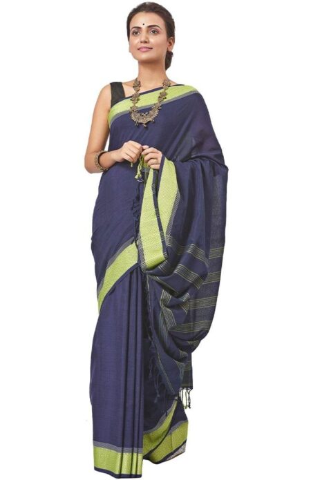 Santipuri Navy Blue Cotton Saree  with Green Border