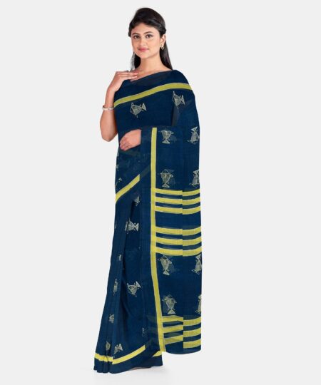 Screen Printed Cotton Saree - Indigo - Image 2