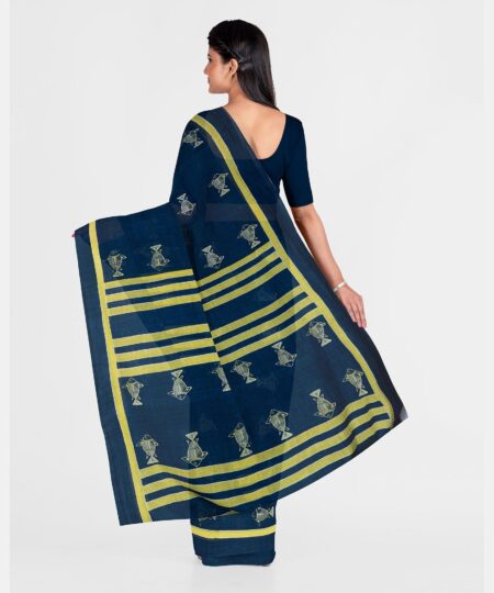 Screen Printed Cotton Saree - Indigo - Image 3
