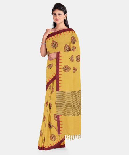 Printed Cotton Saree - Yellow - Image 3