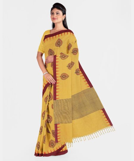 Printed Cotton Saree - Yellow - Image 2