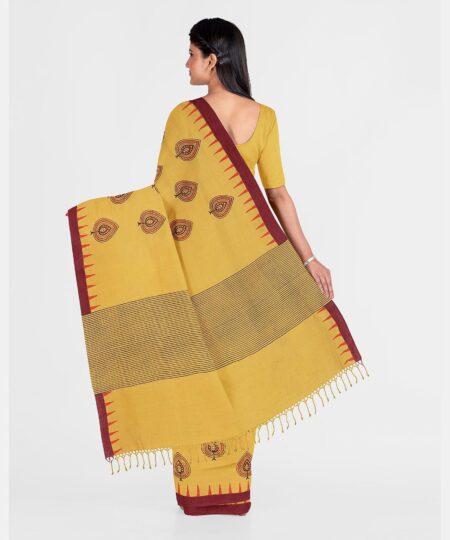 Printed Cotton Saree - Yellow - Image 4