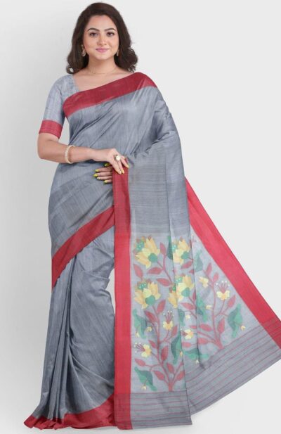 Handwoven Matka Silk Jamdani Saree in Grey Colour