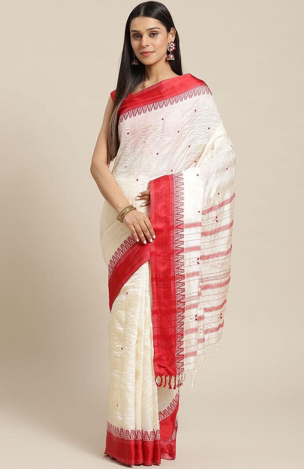 Dhaniakhali Tussar silk Saree in Off-white Red