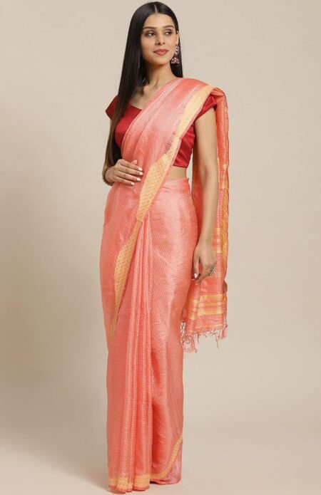 Handwoven Peach Jamdani Silk Saree