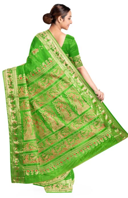 Baluchari Zari Meena Silk Saree Green - Image 3