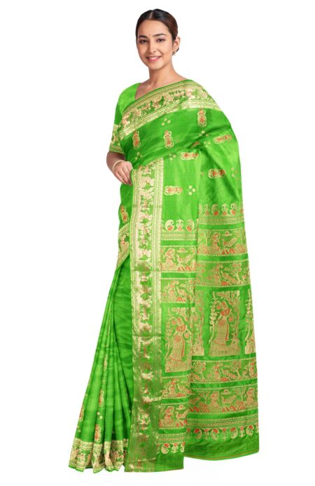 Baluchari Zari Meena Silk Saree Green - Image 2
