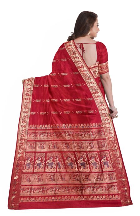 Baluchari Zari Meena Silk Saree  Red - Image 3