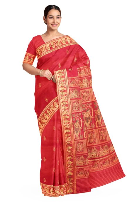 Baluchari Meena Silk Saree Red - Image 3