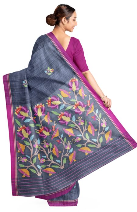 Matka Silk Jamdani Saree Grey - Image 3