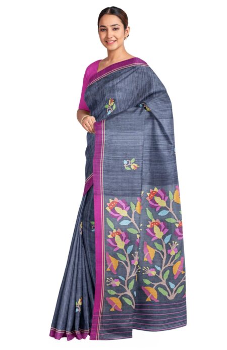 Matka Silk Jamdani Saree Grey - Image 2
