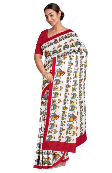 Handspun Printed Saree White - Image 2