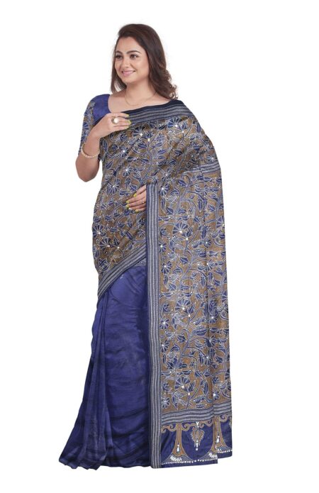 Kantha Silk Saree - Indigo - Image 2