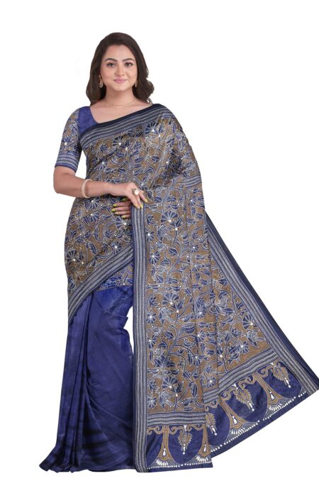 Kantha Silk Saree - Indigo