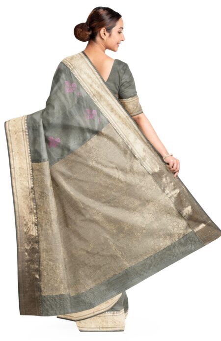 Baluchari Zari Meena Silk Saree - Grey - Image 4