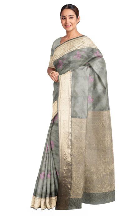 Baluchari Zari Meena Silk Saree - Grey - Image 2