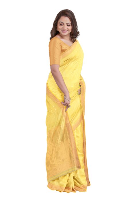 Handwoven Silk Saree with Tassel - Yellow - Image 2