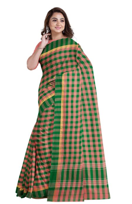 Handwoven Dhaniakhali Checkered Cotton Saree with Tassel - Image 3