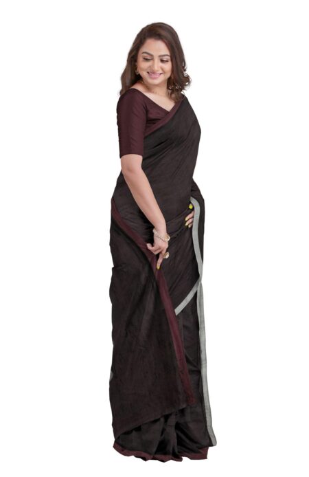 Silk Jamdani Saree - Deep Brown - Image 2