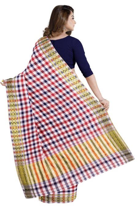 Handwoven Dhaniakhali  Checkered Cotton Saree with Tassel - Image 2