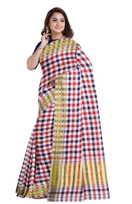 Handwoven Dhaniakhali  Checkered Cotton Saree with Tassel - Image 4