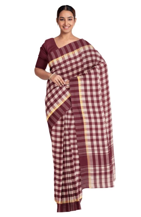 Handwoven Dhaniakhali Checkered Cotton Saree with Tassel