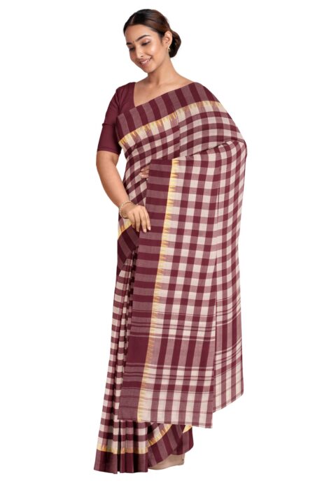 Handwoven Dhaniakhali Checkered Cotton Saree with Tassel - Image 3