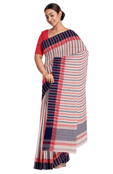 Handwoven Dhaniakhali Stripped Cotton Saree with Tassel - Image 3