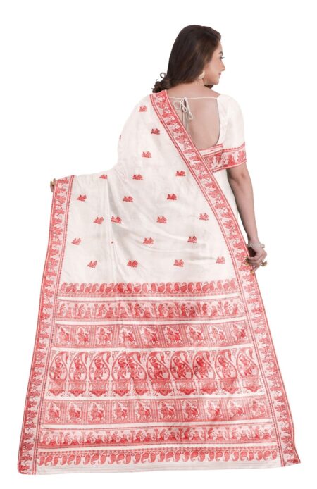 Baluchari Silk Saree - White & Red - Image 2