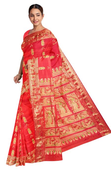 Baluchari Zari Meena Silk Saree - Red - Image 2