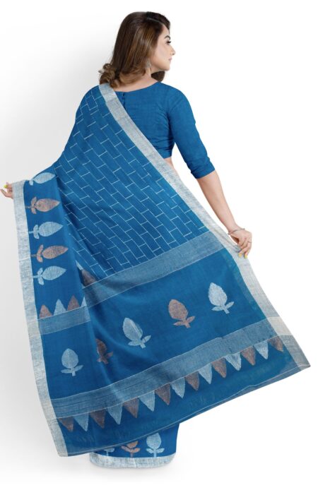 Linen Jamdani Saree - Blue - Image 3