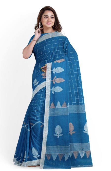Linen Jamdani Saree - Blue - Image 2