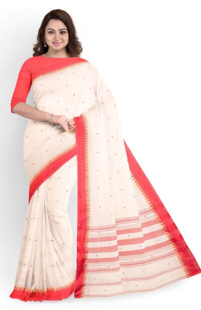 Handwoven Mercerised Cotton Saree - Off-white & Red