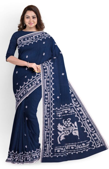 Muslin Jamdani Saree in Indigo Colour - Image 3