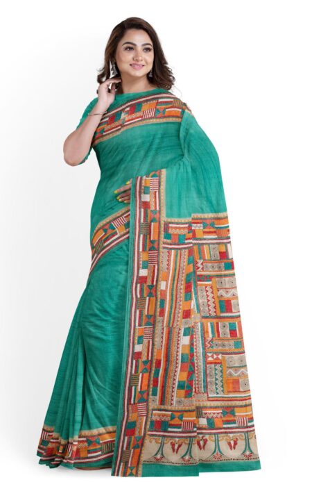 Kantha Silk Saree - Green - Image 2