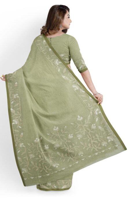 Handwoven Nettle Jamdani Cotton Saree - Green - Image 3
