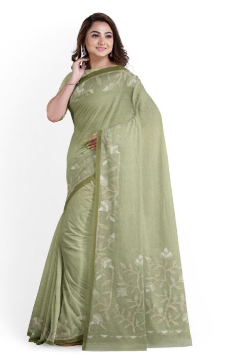 Handwoven Nettle Jamdani Cotton Saree - Green - Image 2