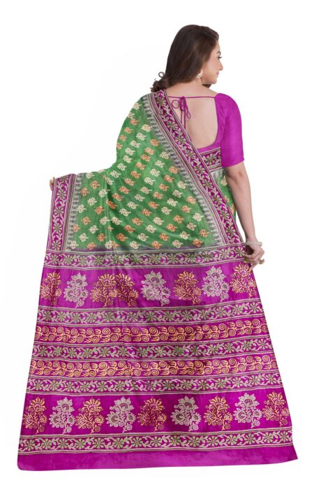 Kantha Silk Saree Green & Pink - Image 3