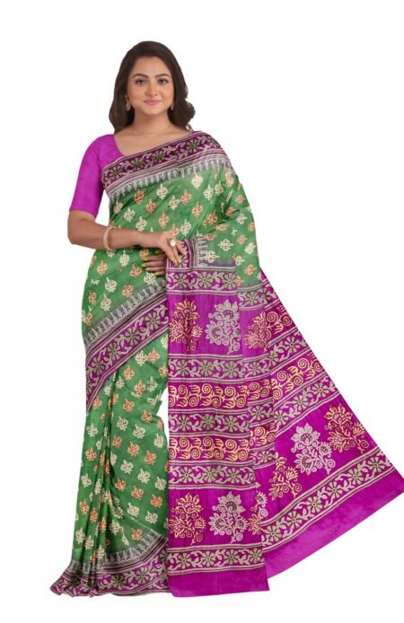 Kantha Silk Saree Green & Pink