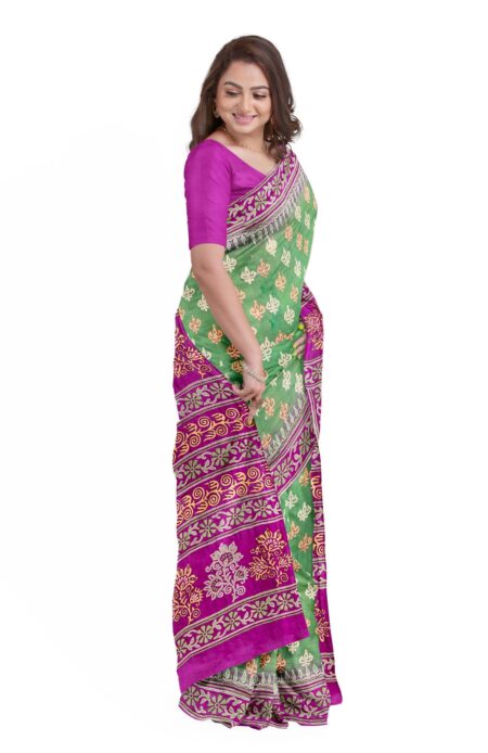 Kantha Silk Saree Green & Pink - Image 2