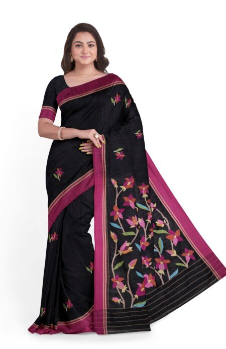 Handwoven Matka Silk Jamdani Saree in Black Colour