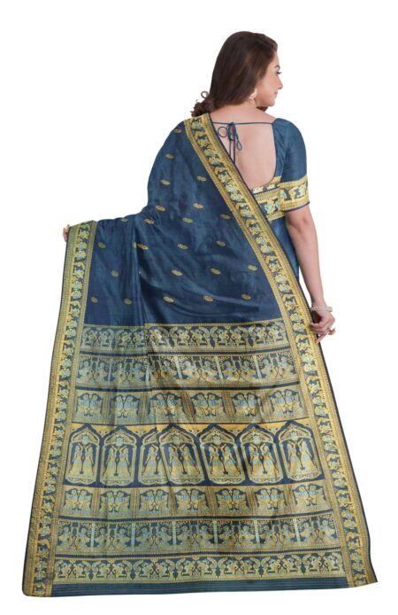 Baluchari Meena Silk Saree - Indigo - Image 3