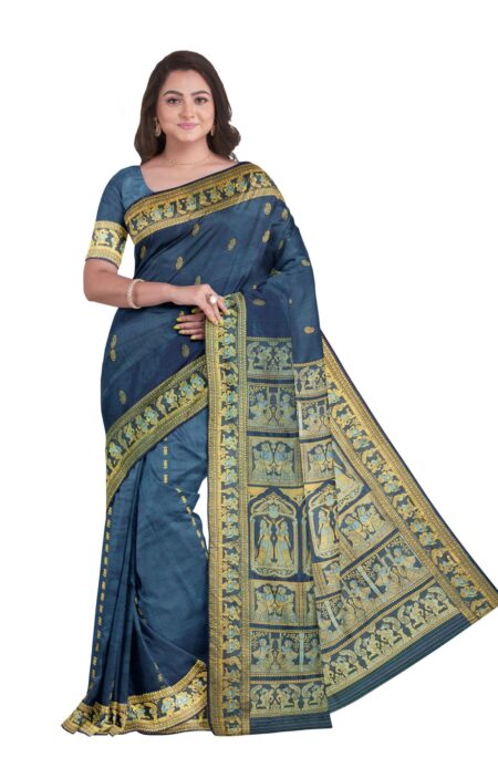 Baluchari Meena Silk Saree - Indigo