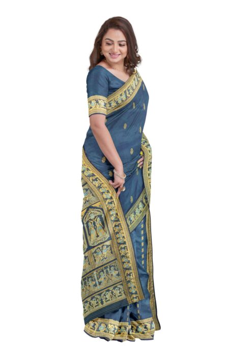 Baluchari Meena Silk Saree - Indigo - Image 2