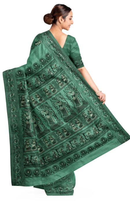Baluchari Mina Silk Saree - Teal Green - Image 3