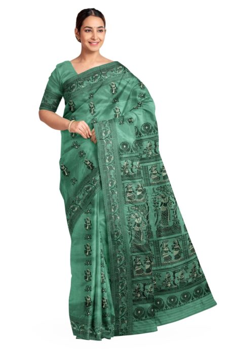 Baluchari Mina Silk Saree - Teal Green - Image 2