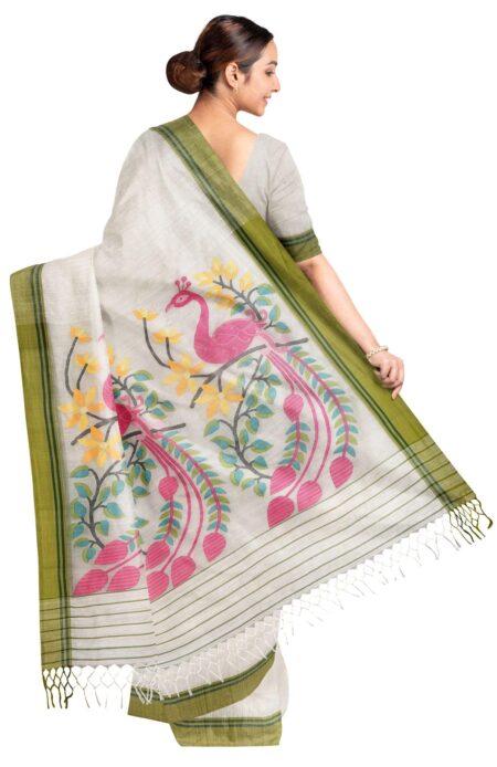 Handwoven Matka Silk Jamdani Saree with Green border - Image 3